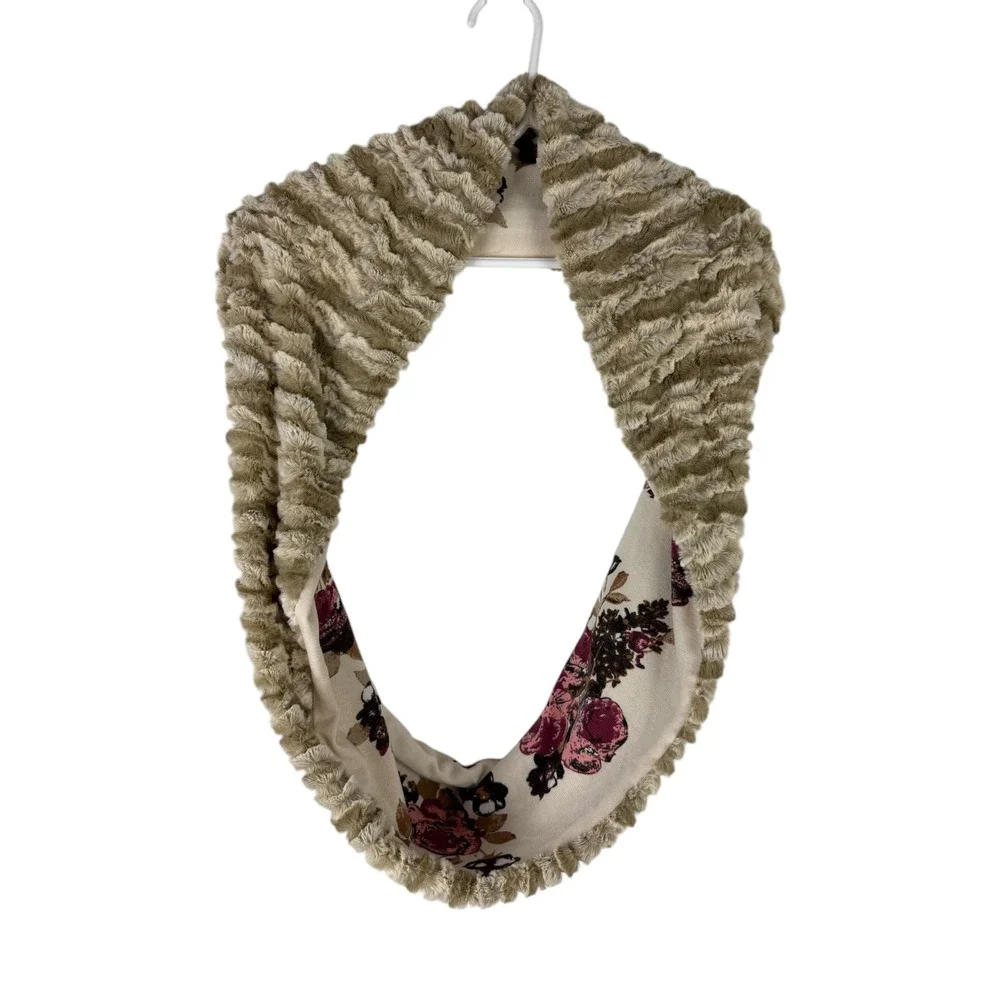 Reversible‎ Faux Fur Infinity Scarf Floral Tan Cream Burgundy Circle Wrap